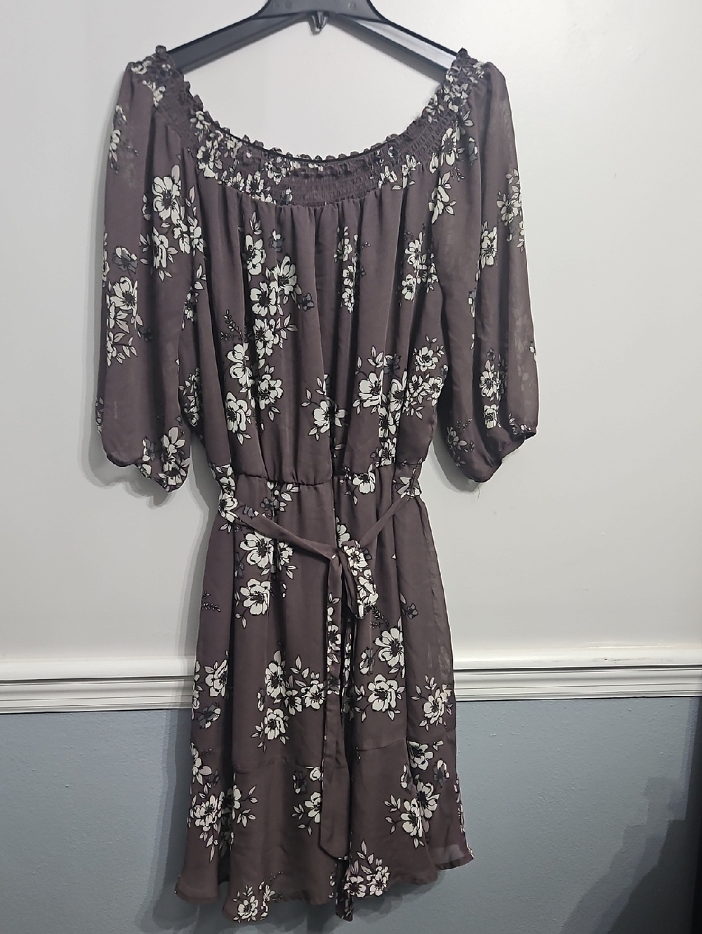 Maurices Floral Off The Shouler Midi Dress in Mauve with White Print